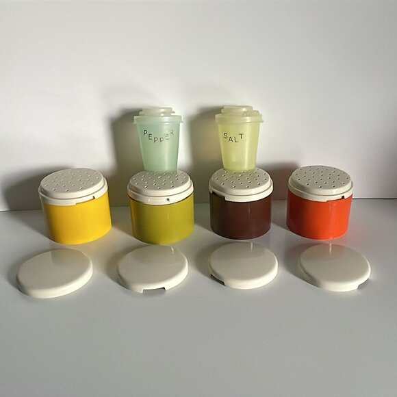 Vintage Tupperware Stackable Spice Containers Salt Pepper Shakers Lids for All - Picture 2 of 11